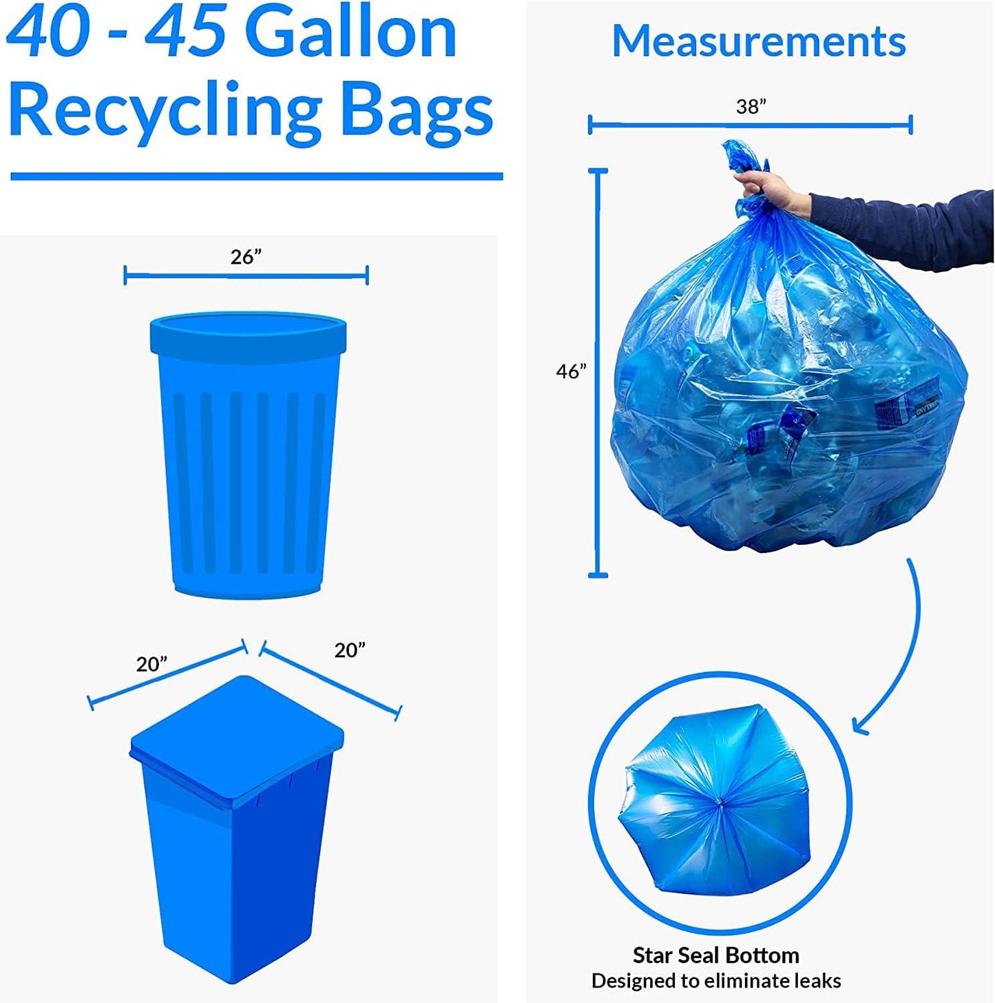 40-45 Gallon Recycling Bags | 200 Count | Blue Trash Bags | Made in the USA