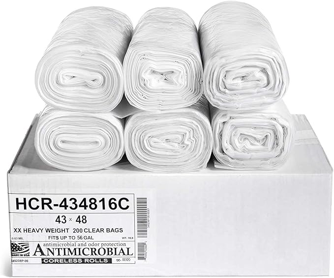 High Density Trash Bags, 56 Gallon, 200 Count, 16 Micron (eq), 43" x 48", Clear, for Bathroom, Office, Industrial, Commercial, Janitorial, Municipal, Recycling