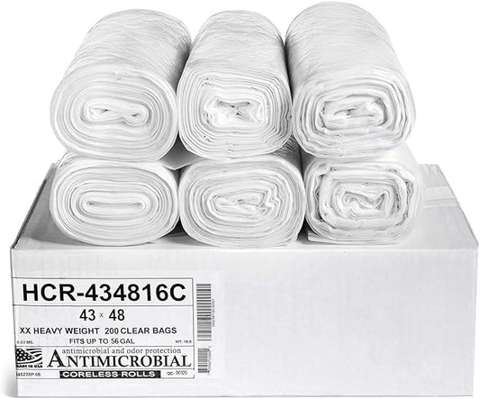 High Density Trash Bags, 56 Gallon, 200 Count, 16 Micron (eq), 43" x 48", Clear, for Bathroom, Office, Industrial, Commercial, Janitorial, Municipal, Recycling