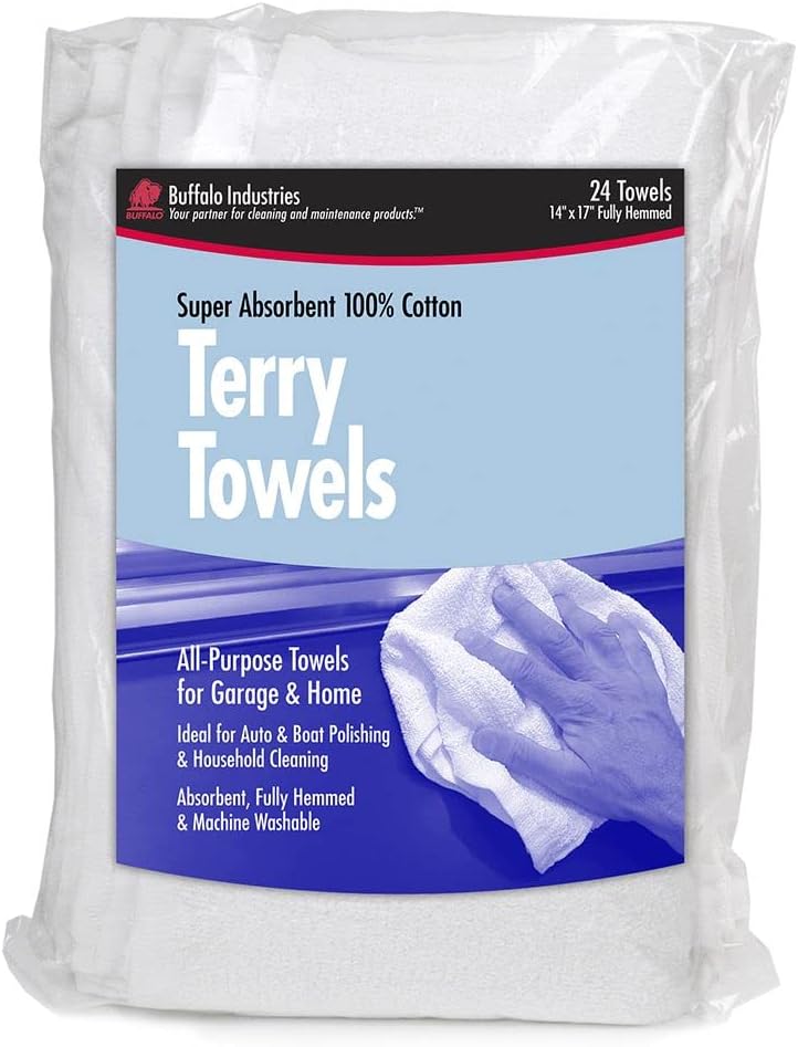 Buffalo Industries 14" x 17" Fully Hemmed Absorbent Terry Towels - All-Purpose Towels for Automotive, Garage and Home - 100% Cotton - Machine Washable - Pack of 24