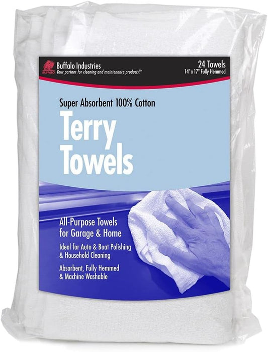 Buffalo Industries 14" x 17" Fully Hemmed Absorbent Terry Towels - All-Purpose Towels for Automotive, Garage and Home - 100% Cotton - Machine Washable - Pack of 24