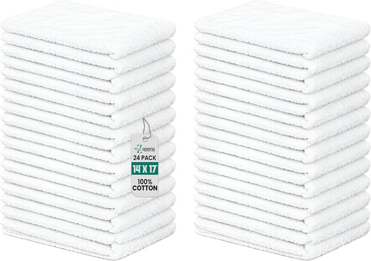 Terry Towels Pack of 24 (14" X 17" Inches) 100% Cotton Terry Barmop Towels - Absorbent & Durable Bar Rags, Multipurpose Cleaning Rags for Home, Automotive & Garage Cleaning Supplies (White)